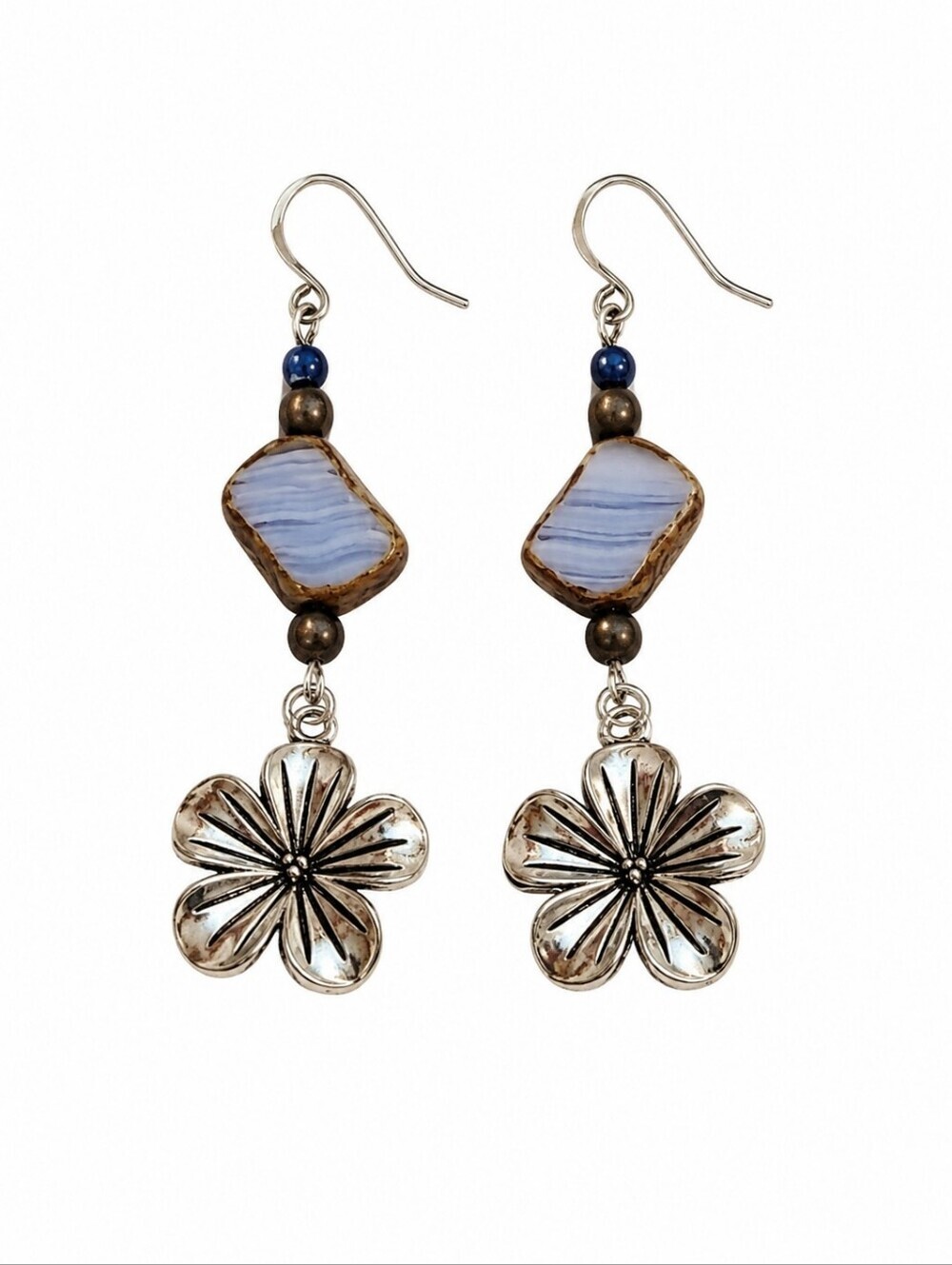 HANDMADE Picasso Czech Glass Lapis Flower Charm Dangle Hook Earrings